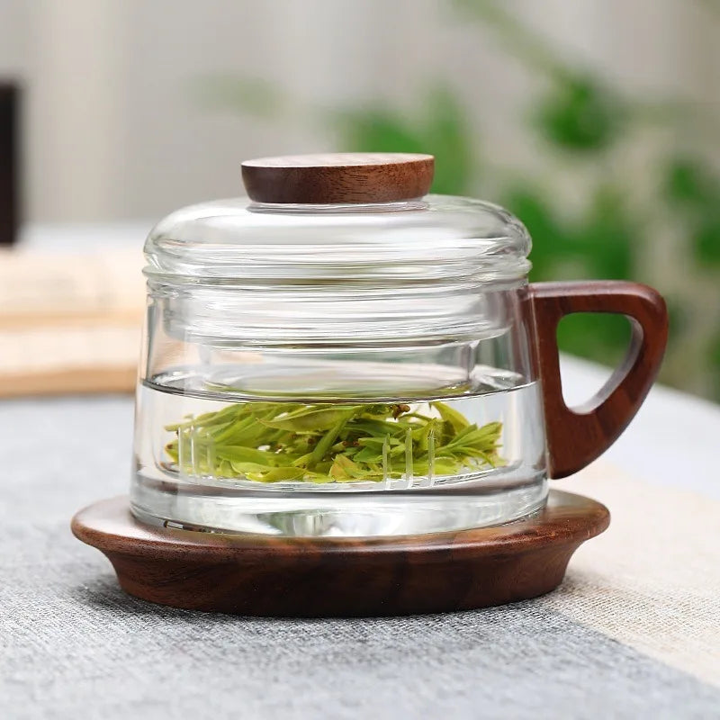 Glass Tea Infuser Cup with Walnut-Handle & Coaster