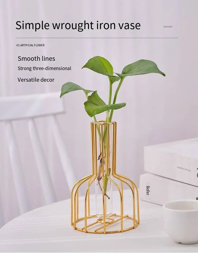 Gold Wrought Iron Test Tube Vase – Modern Decorative Hydroponic Container
