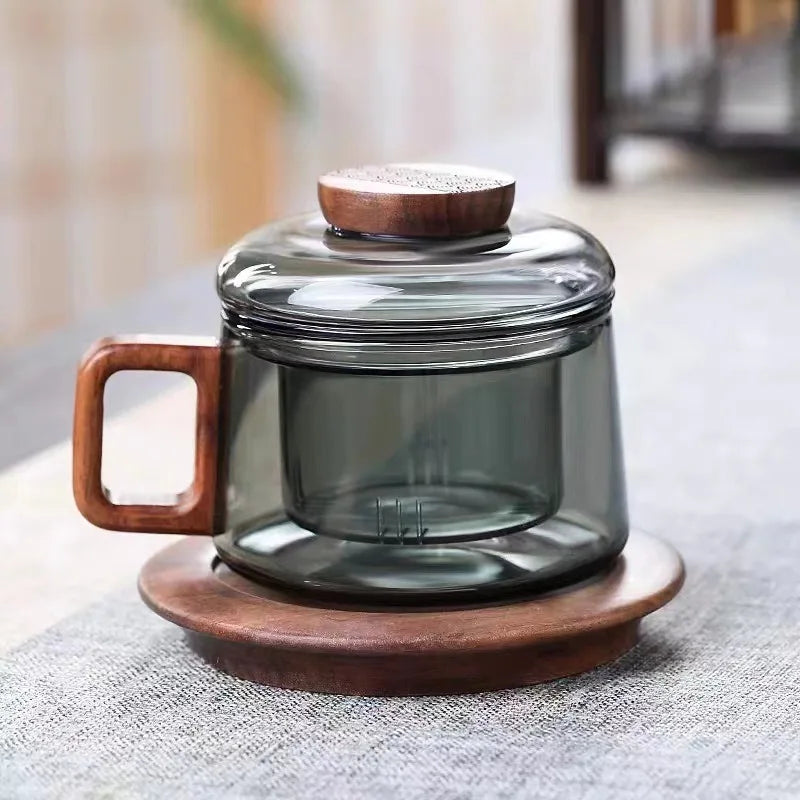 Glass Tea Infuser Cup with Walnut-Handle & Coaster