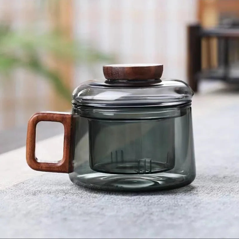 Glass Tea Infuser Cup with Walnut-Handle & Coaster