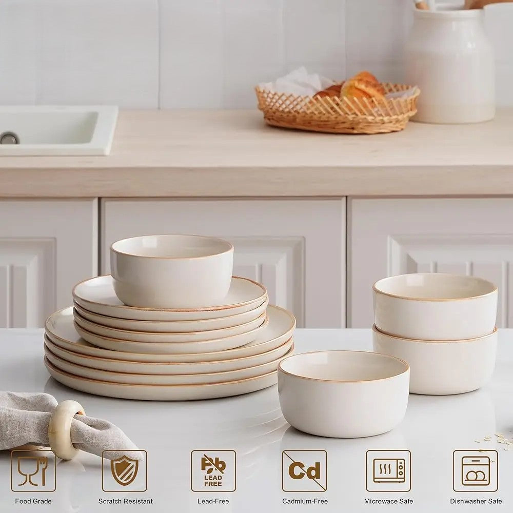 Reactive Glaze Dinnerware Set for 4 – Mocha White | 12-Piece Stoneware Collection