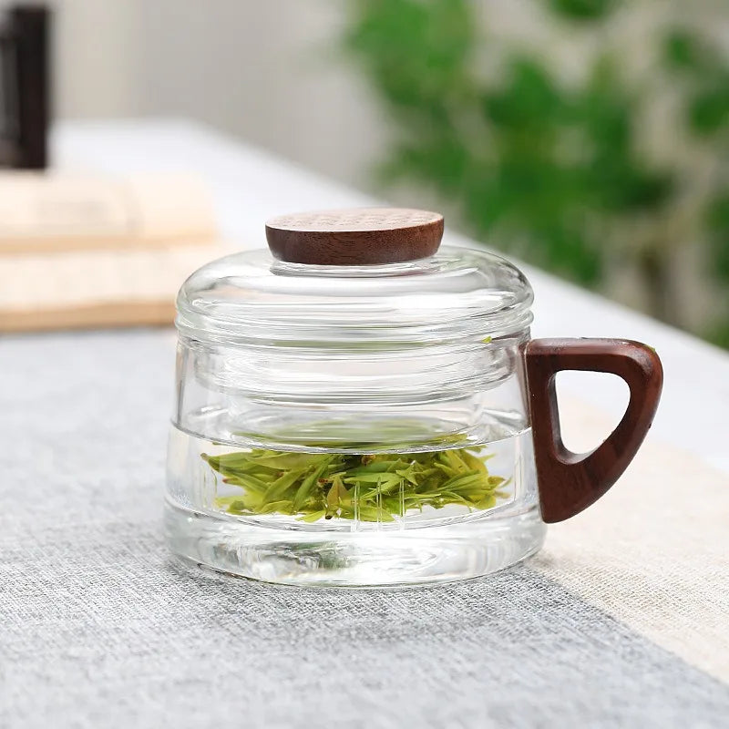 Glass Tea Infuser Cup with Walnut-Handle & Coaster