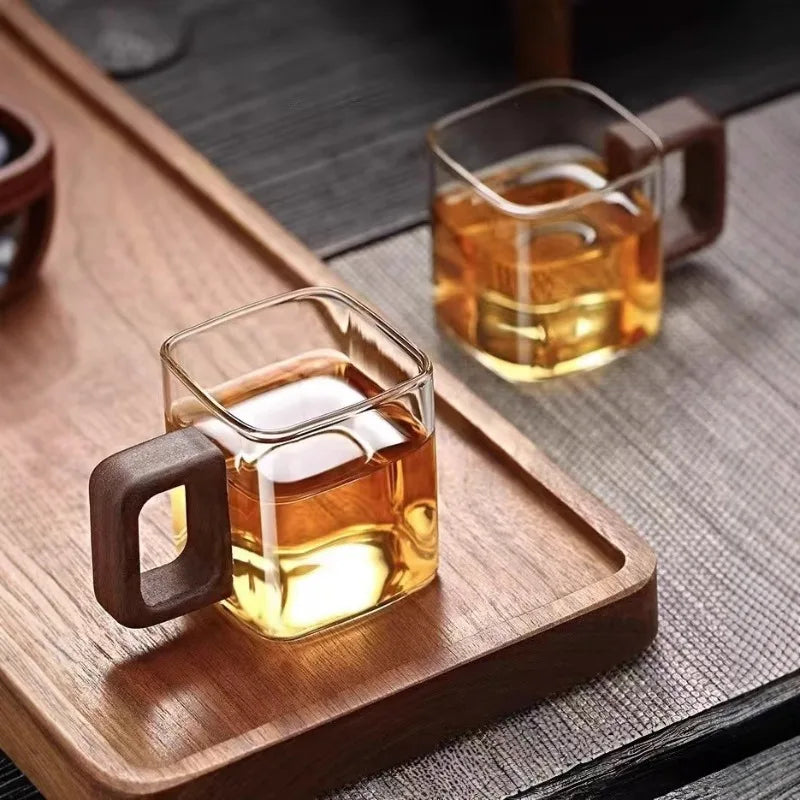 Walnut-Handle Glass Mug — Small Capacity Premium Drinkware