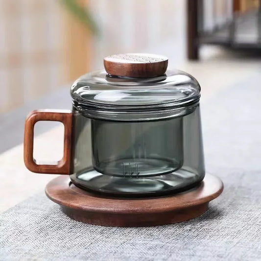 Glass Tea Infuser Cup with Walnut-Handle & Coaster