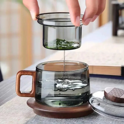 Glass Tea Infuser Cup with Walnut-Handle & Coaster