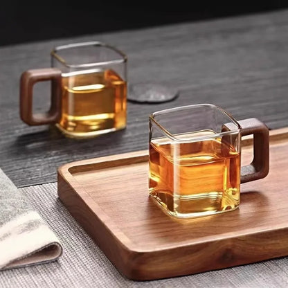 Walnut-Handle Glass Mug — Small Capacity Premium Drinkware